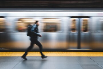 Blurred man sprints by subway train, wearing a jacket and backpack. Illustrates urgency, city life, travel, or missing the train.