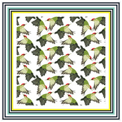 A vibrant pattern of green birds with red heads and detailed wings, framed by bold striped borders in various colors, It could be used as a wallpaper, fabric design, or other decorative elements.	