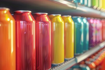 High Detail Picture of Colorful Soda Cans on Supermarket Shelf