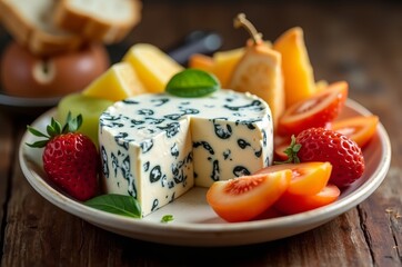 Aged cheese with a white rind and blue-green veins