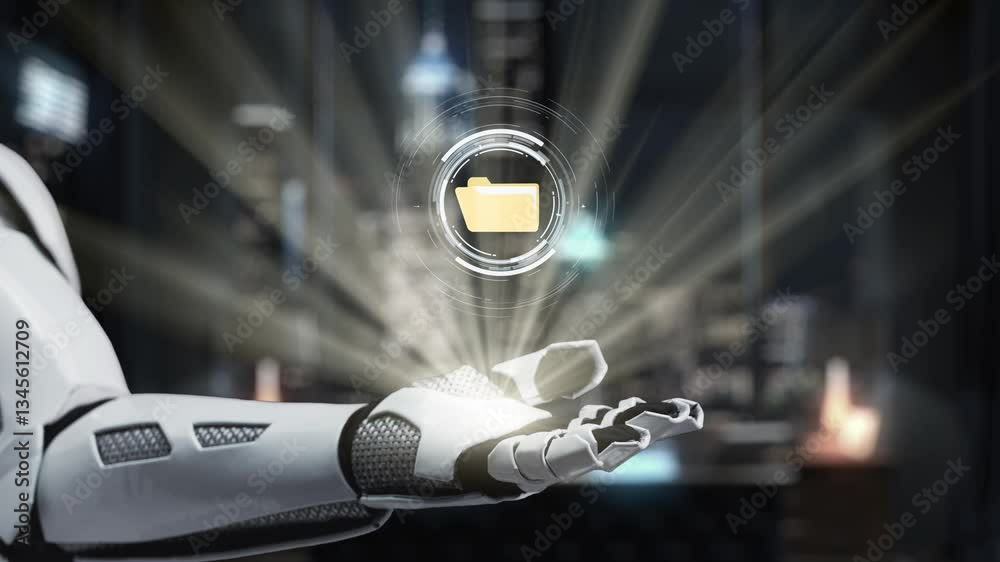 Poster a futuristic robot hand is showcasing a digital file icon, surrounded by dynamic data connections in