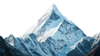 Majestic snow-capped mountain peak reaching for the sky with transparent background