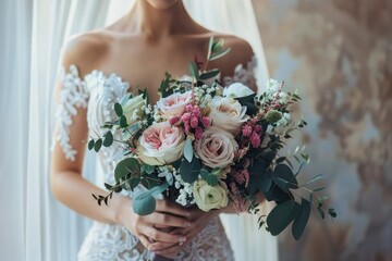 High Quality Image of Lavish Boho Wedding Arch with Pink Flowers and Satin Curtains