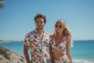 portrait of a young man and woman on the beach wearing floral shirts 