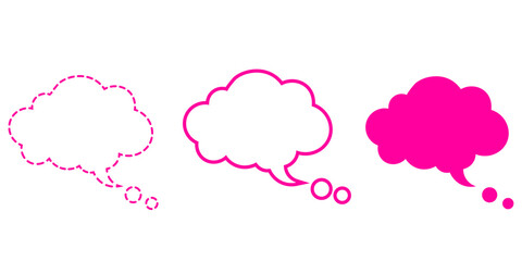 Set of pink thought bubbles in dashed, outline, and solid styles. Ideal for comics, social media, and creative design projects.