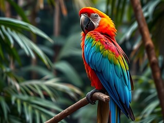 Obraz premium Vibrant Macaw Parrot Perched on Branch, Colorful Feathers, Tropical Bird, Wildlife Photography, Animal Portrait.