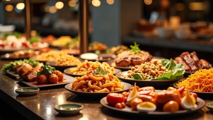 Fototapeta premium A variety of dishes are arranged on a table, including pasta, meatballs, and vegetables