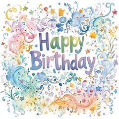 Naklejka premium A colorful illustration celebrating a birthday with whimsical designs and cheerful text, perfect for party invitations and cards.