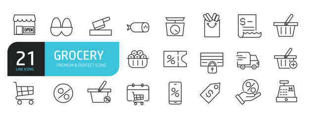 Set of line icons related to grocery, shopping, market, food. Outline icons collection. Editable stroke. Vector illustration