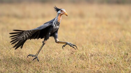 Obraz premium Striking Secretary Bird striding through the African savanna its long legs and sharp talons ready to hunt venomous snakes