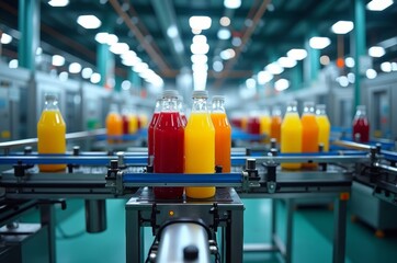 A factory line produces and packages juice in bottles