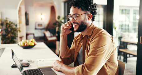 Happy, man and phone call with laptop in home for online consultation, loan application or good credit score. Kitchen, person and talking to contact for statement update, financial service and budget
