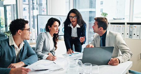 Office, business people and project manager with paperwork for feedback, meeting and finance...