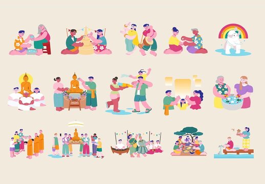 Songkran Illustrations Set Thai New Year Celebrations Thai Water Festival