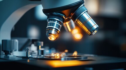 Close-Up View of Laboratory Microscope with Illuminated Specimens
