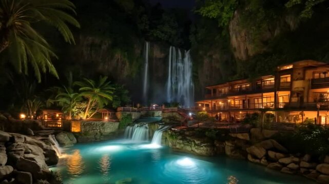 A breathtaking nighttime resort with cascading waterfalls, turquoise pools, and lush greenery, surrounded by warm-lit villas nestled against a rocky cliff, creating a serene and luxurious tropical esc