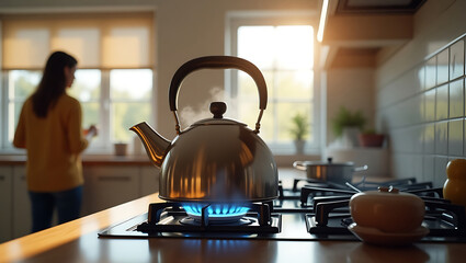 In the foreground is a metal kettle on a gas stove with a blue flame turned on. Steam rises from the kettle. In the background, a woman in yellow clothes is seen standing at a window through which sun