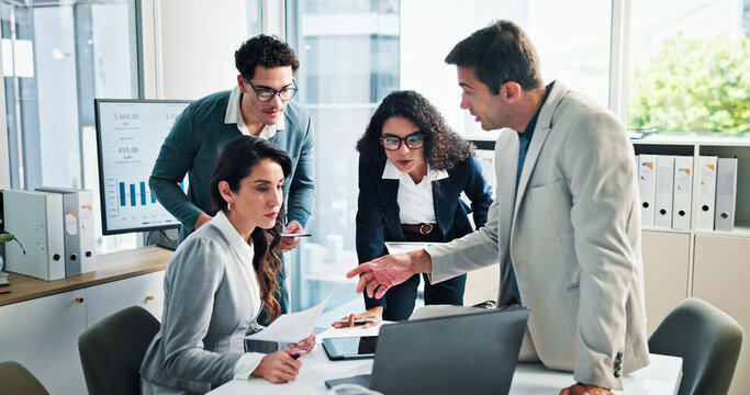 Paperwork, laptop or business people with shareholders in discussion for planning and capital growth. Manager, accounting graphs and financial advisors in meeting with executive directors for budget