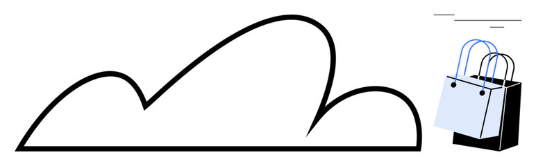 Stylized cloud-shaped line connected with two shopping bags, reflecting the shift to online shopping. Ideal for online retail, ecommerce, cloud storage, digital transformation, consumer behavior