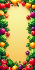 Colorful and vibrant fruits and vegetables, arranged in a border