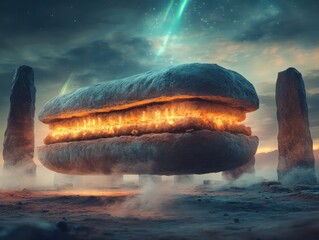 Alien landscape, fiery stone sandwich, ancient stones, night sky, fantasy art