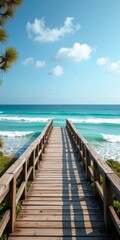 Fototapeta premium A serene beach scene with a wooden boardwalk leading to the ocean