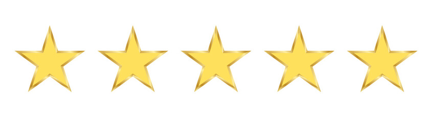 Set of five stars gold metal icon, rating customer product review award icon.