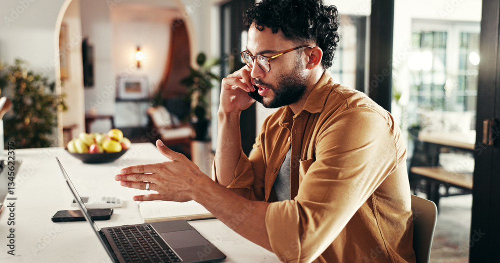 Aufkleber finance, man and phone call with laptop in home for online consultation, financial account query and