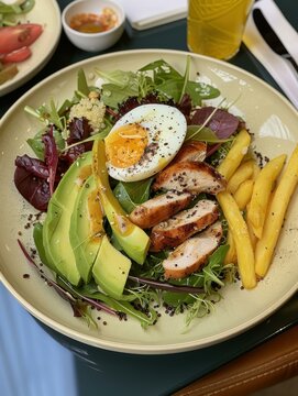 A healthy and delicious salad with grilled chicken, avocado, and quinoa. AI.