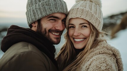 Happy young couple in winter hats are smiling outdoors. It could illustrate winter romance, love, or holidays.