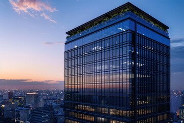 Fototapeta premium High Rise Office Building with Energy Efficient Lighting and Green Spaces