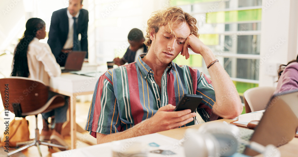 Aufkleber Student, man and bored with phone in classroom, texting and distraction with social network at college. Person, smartphone and check notification with mobile app, laptop and email at university