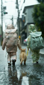 Children walk down a street with a cat. AI.