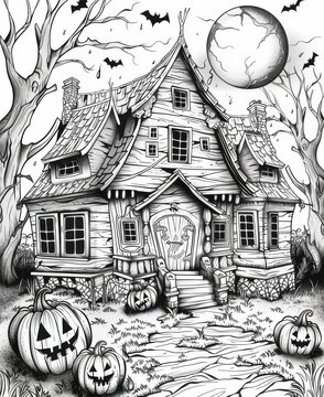 A spooky house with pumpkins on the porch and bats flying overhead. AI.