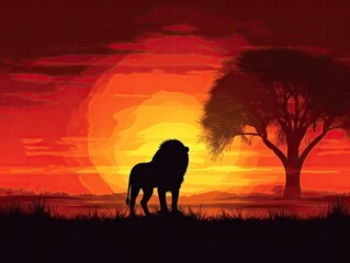 Naklejka premium Silhouette lion at African sunset (1)