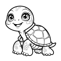 Fototapeta premium Enjoy the charm of this kawaii turtle coloring page, designed for a fun and relaxing coloring experience. This adorable turtle features big, sparkling eyes, a friendly smile, and a cute round shell