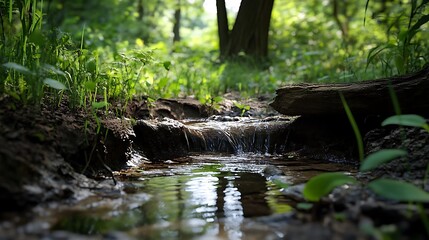 Peaceful stream flows through a lush forest with serene scene captures the beauty of nature.