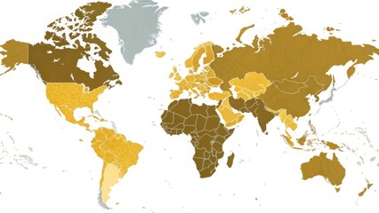 Obraz premium World map highlighting various regions in shades of brown and yellow.