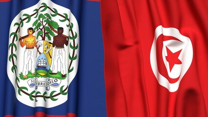 Flags of BELIZE and TUNISIA with realistic cloth texture