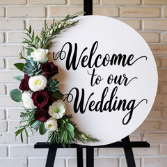 Rustic wooden wedding welcome sign with greenery and floral accents, displayed on an easel on a sandy beach with ocean in the background. Welcome to our wedding