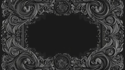 Obraz premium Intricate black and gray ornamental frame with elaborate floral designs and swirls
