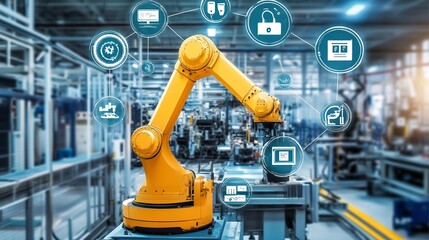 A Powerful Yellow Robotic Arm Orchestrates A Futuristic Factory Floor, Showcasing Advanced Automation And Seamless Integration With Digital Technology In A Dynamic Industrial Setting