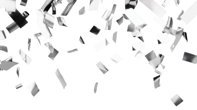 Silver confetti falling on transparent background for celebration design