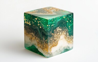 Stunning green and gold resin art cube showcasing intricate swirling patterns and vibrant colors