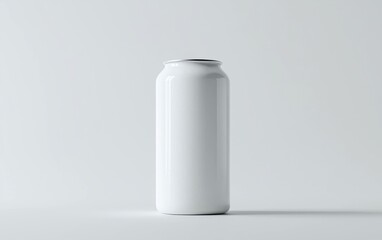 Empty white beverage can stands upright on a minimalistic surface under soft lighting