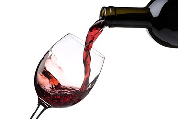 A photo of a clear wine glass being filled with red wine from a dark-colored bottle