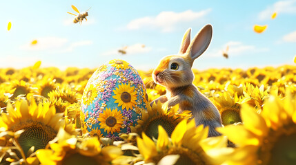 Fototapeta premium easter, bunny, sky, cartoon, egg, spring, grass, holiday, flower, card, nature, celebration, decoration, design, color, cute, flowers, illustration