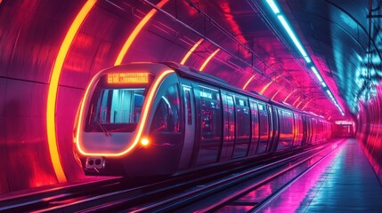 Naklejka premium Futuristic train in neon-lit underground tunnel