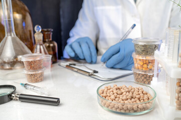 Lab assistant at work. Analysis of cereal and legume seeds in the laboratory. Tests for GMO...