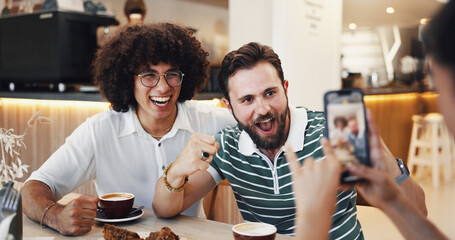 Smartphone, smile and friends in cafe, picture and excited with reunion, bonding together and joy. Capture, expression and people in restaurant, digital app and memory with happiness and cheering